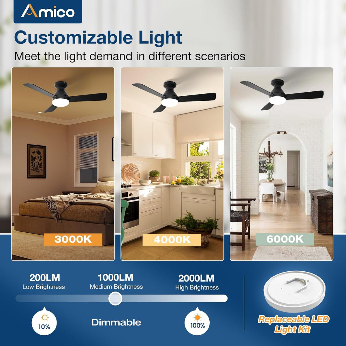 Amico 30 Inch Black Low Profile Ceiling Fans with Lights and Remote