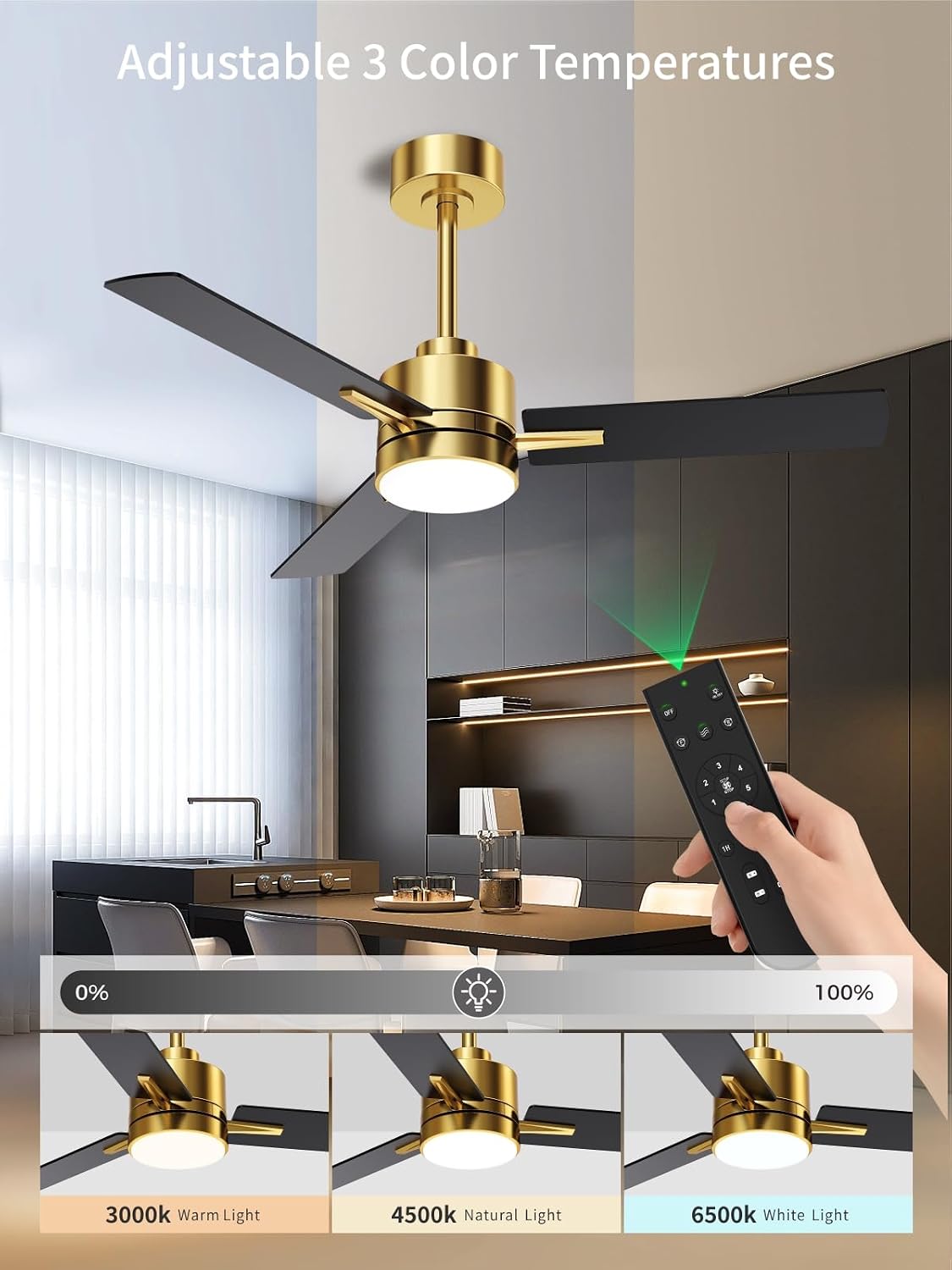 LANMEL Metal Ceiling Fan with Lights and Remote, 42 Inch, Gold & Black