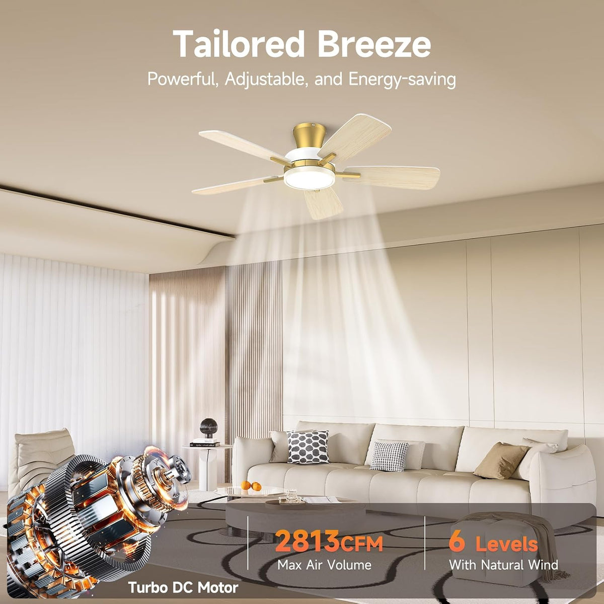 TALOYA 46 inch Ceiling Fans with Lights and Remote, Night Light, White Gold