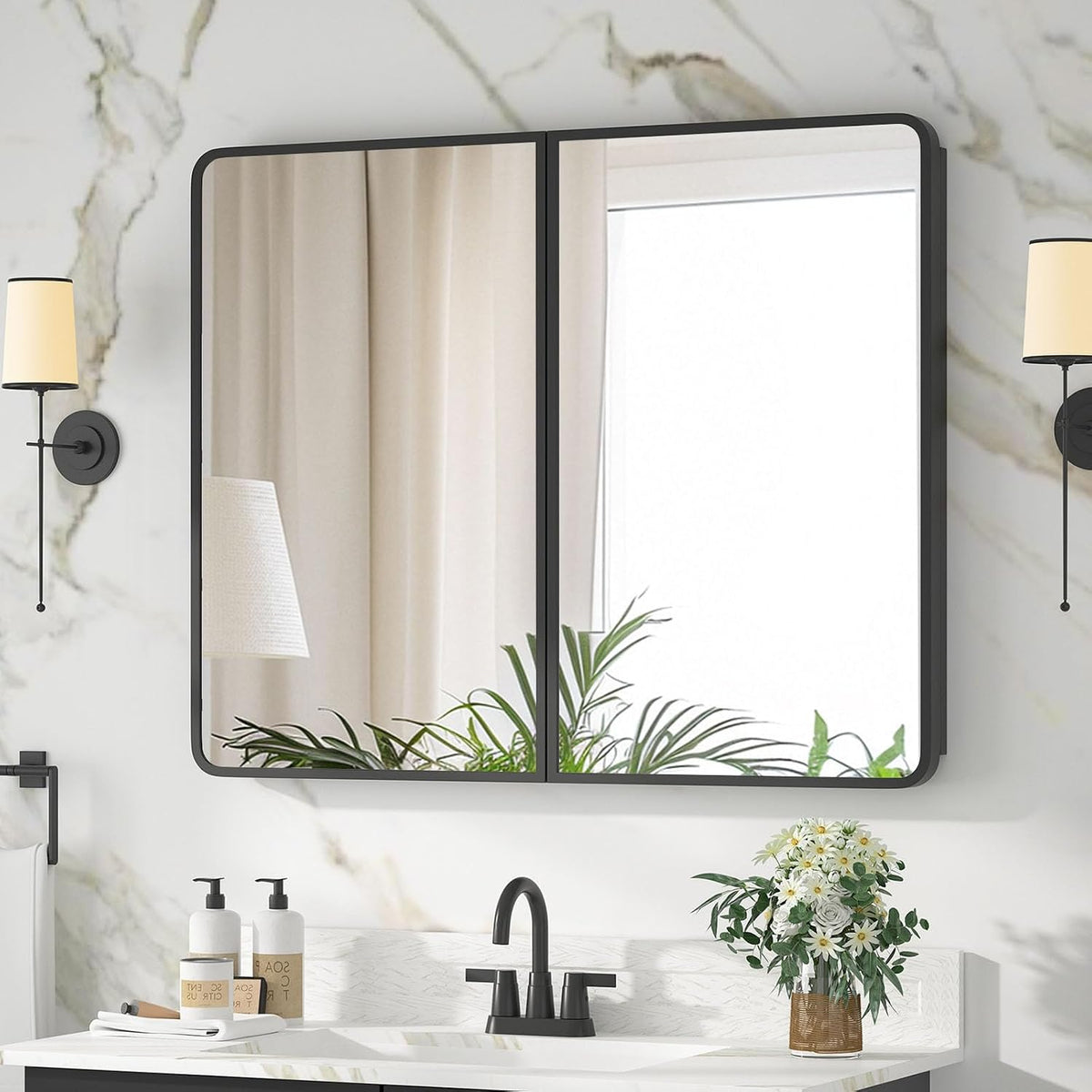 Bathroom Medicine Cabinet with Mirror 24 x 30 Inch, Black Medicine Cabinet Re...