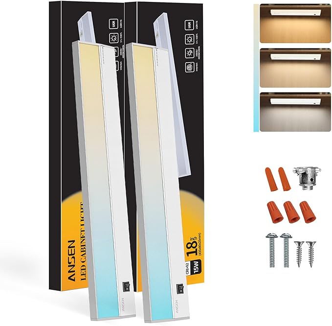 Ansen 2Packs of Under Cabinet Lighting Hardwired, 18in 15W 998LM Dimmable Led