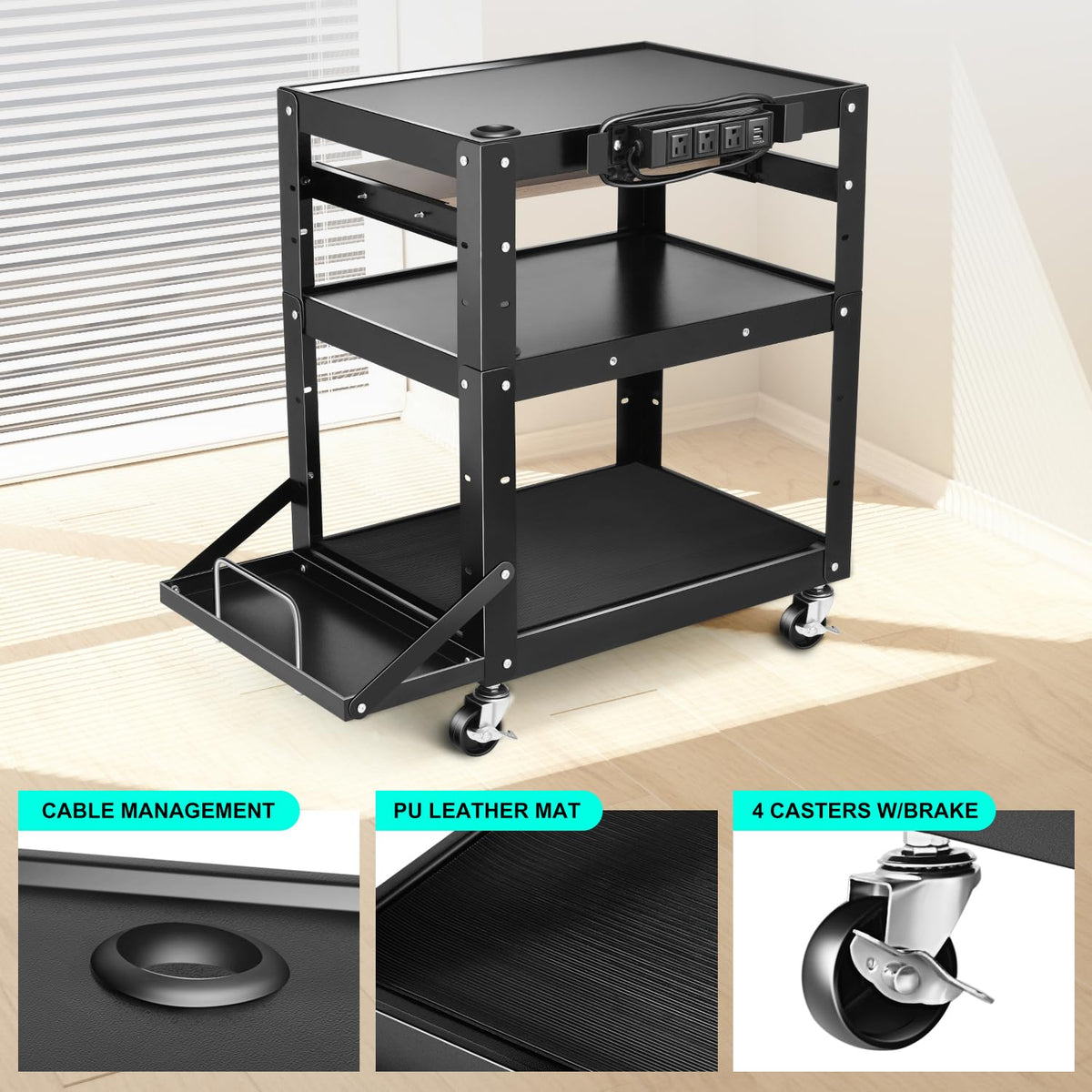 DNA Motoring Steel AV Cart 3-Layer Rolling Projector Utility Cart, 24" X...