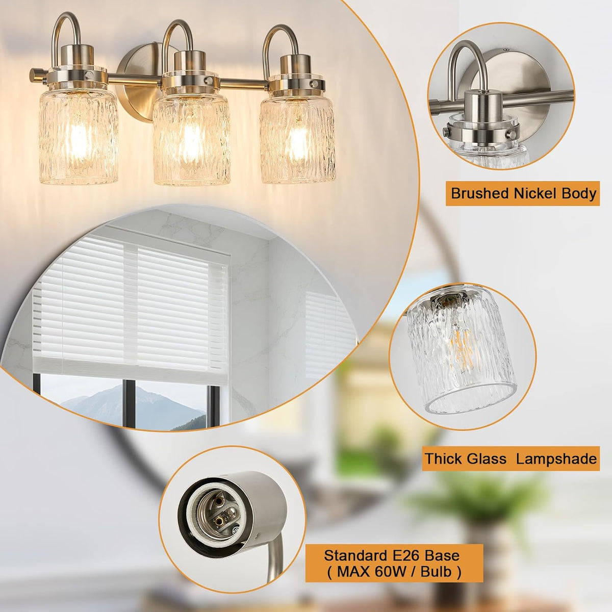 3 Lights Hammered Glass Bathroom Vanity Light,Brushed Nickel