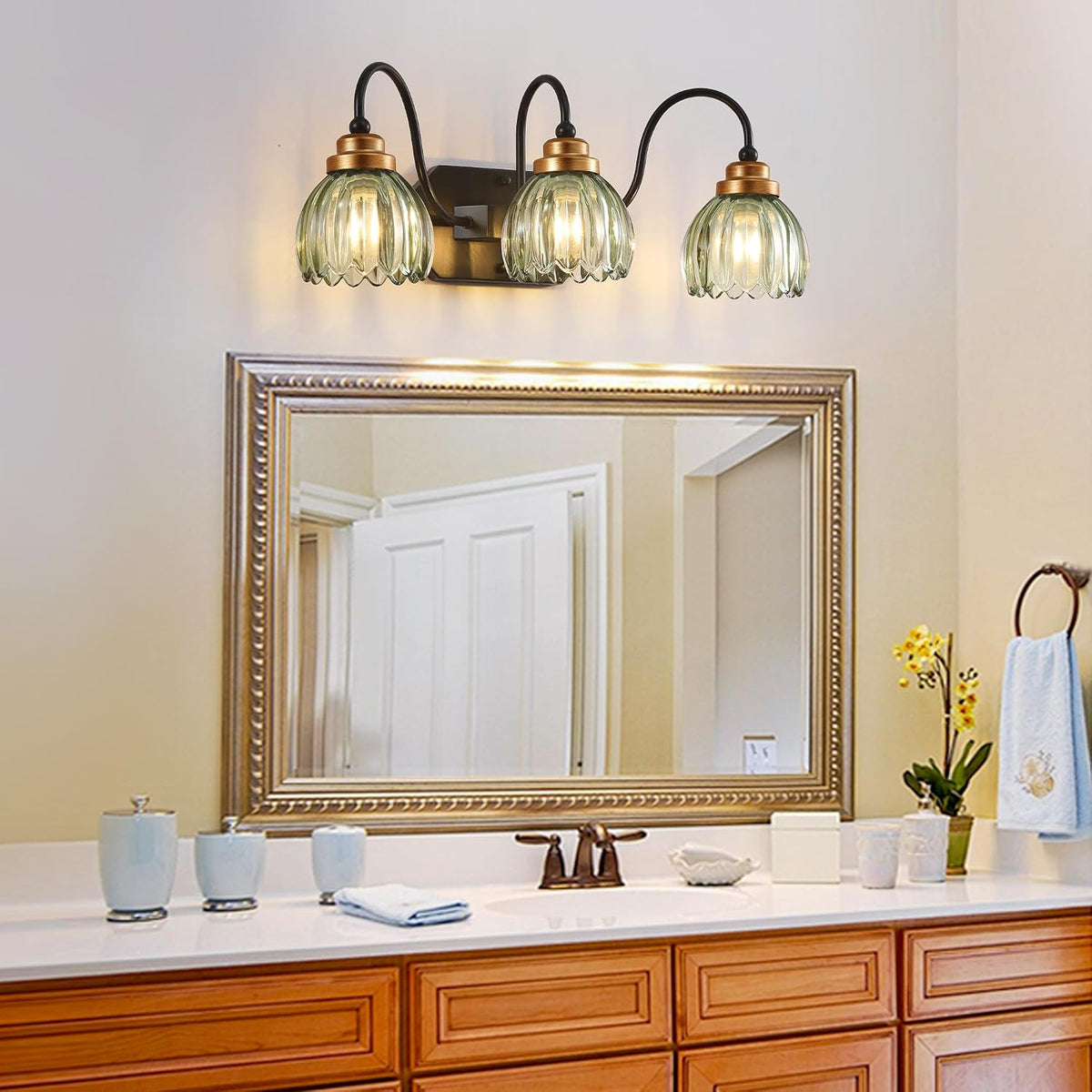 Vintage Gold Bathroom Light Fixtures,3 Light Green Tulip Crystal