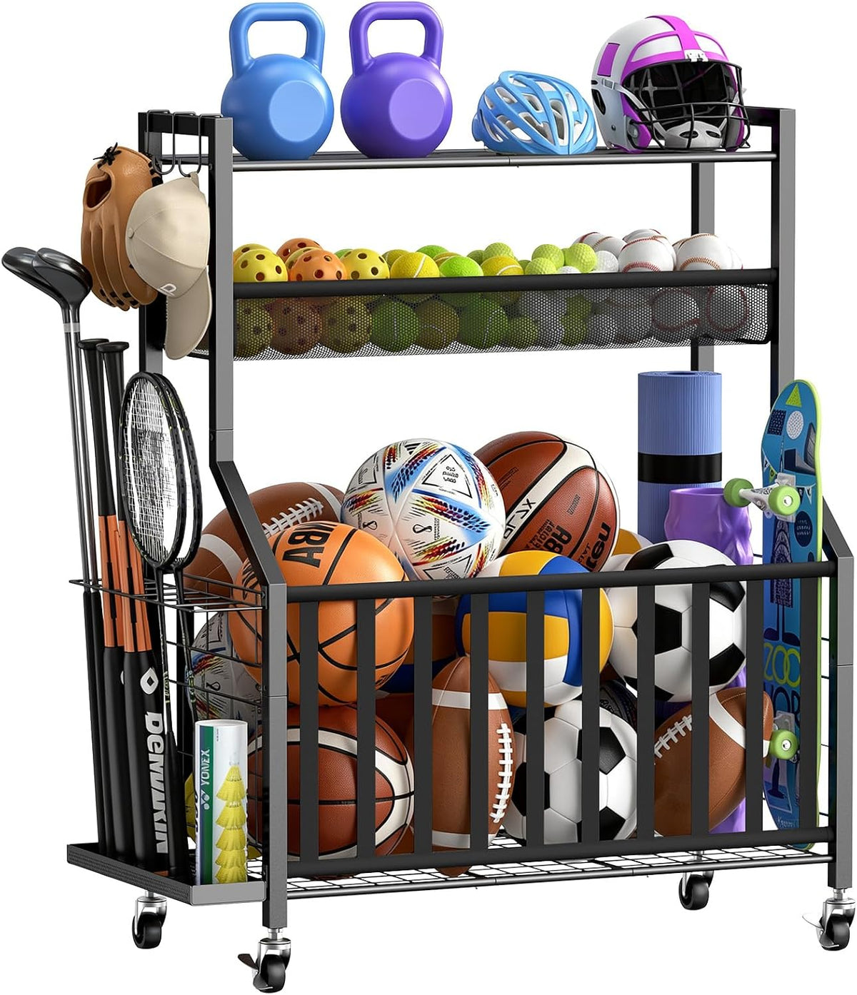 Samstar Garage Sports Equipment Organizer, Ball Storage Rack with Wheels