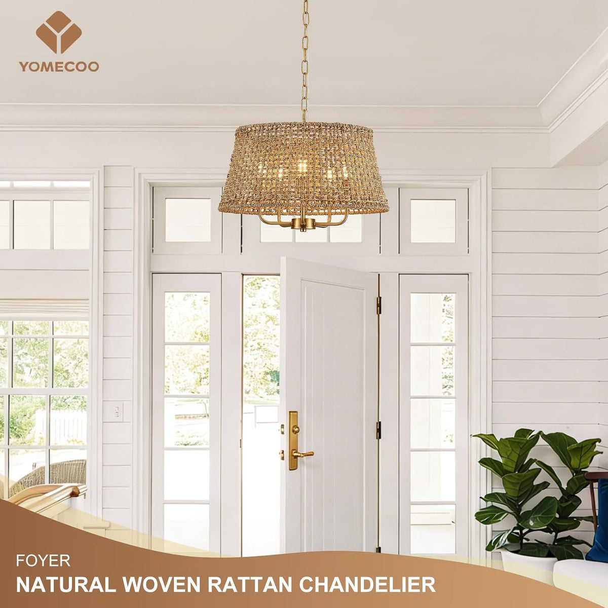 19.7" Boho Rattan Chandelier, 5-Light Gold Wicker Light Fixture