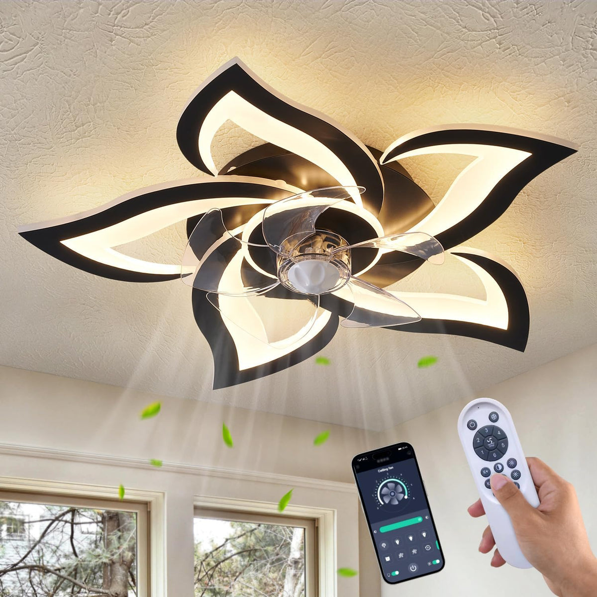 Dalouguan 24" Black Flower Ceiling Fan with Lights Remote Control, LED D...