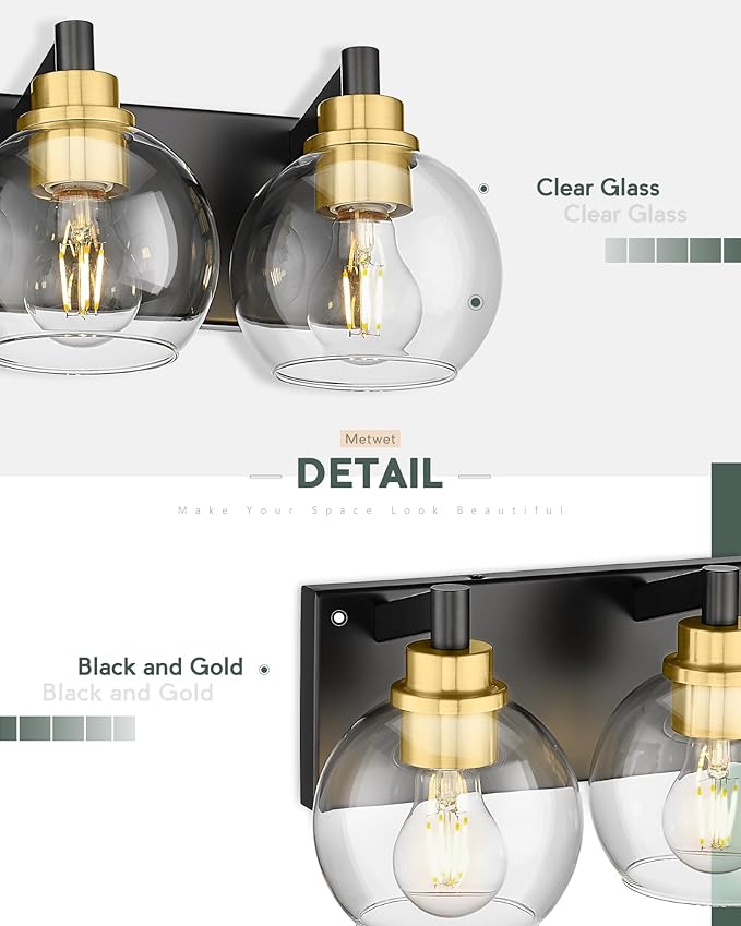 METWET Bathroom Light Fixtures, 6-Light Black and Gold Bathroom Vanity Light