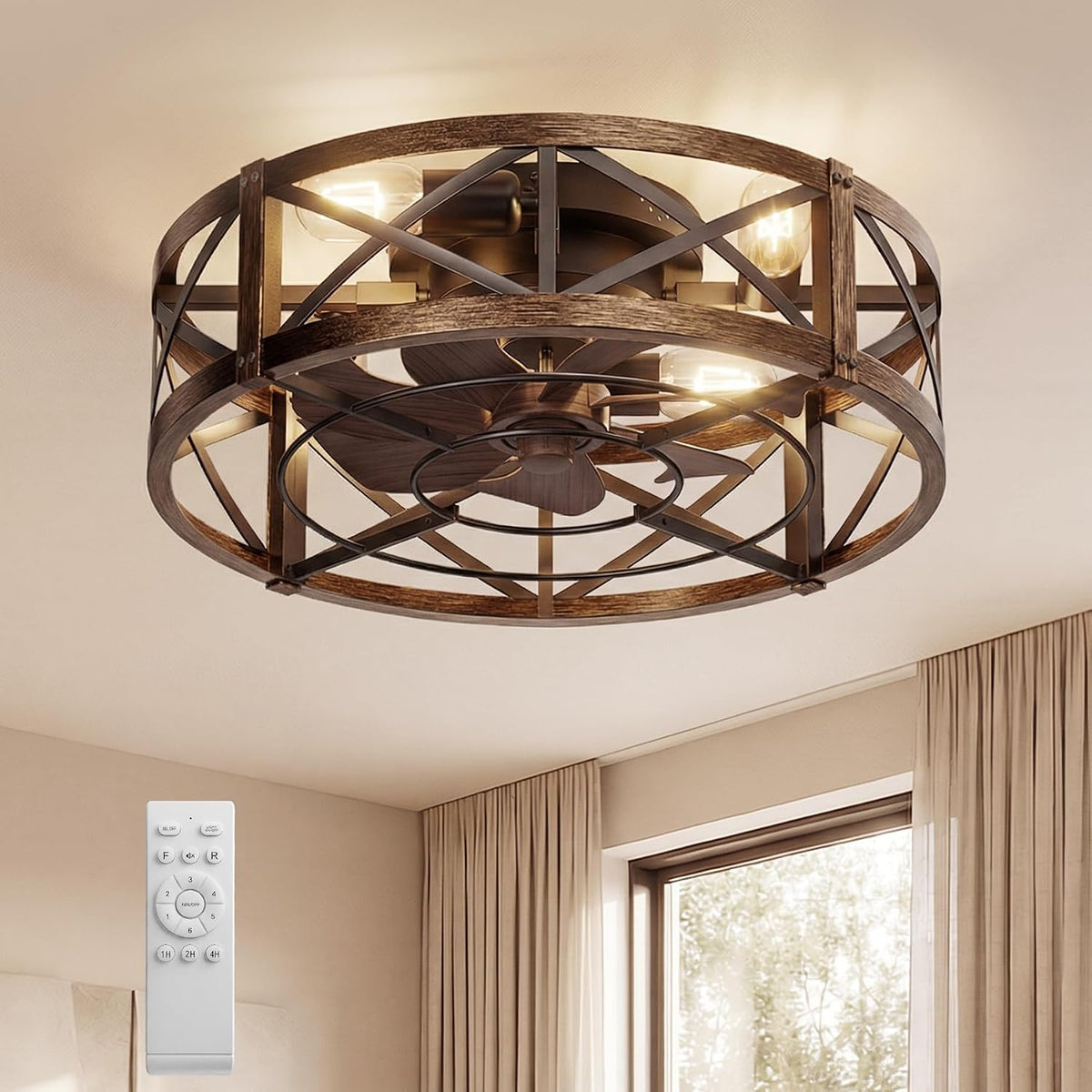 OJX 20" Low Profile Flush Mount Caged Ceiling Fan with Light and Remote