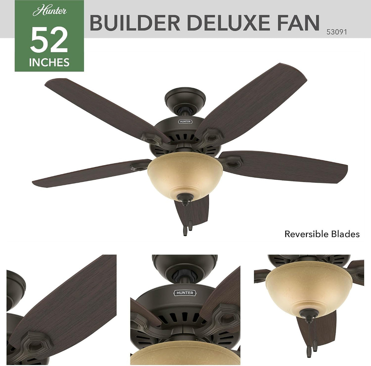 Hunter Builder Deluxe, Indoor, Ceiling Fan, Pull Chain, 52 inch, New Bronze