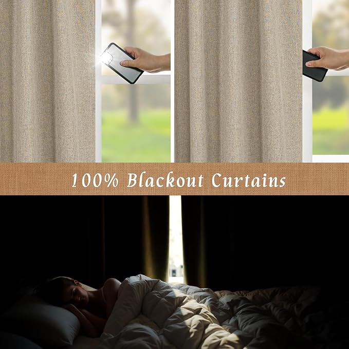 LAMIT Natural 100% Blackout Linen Curtains, 48 Inches Linen Textured Thermal