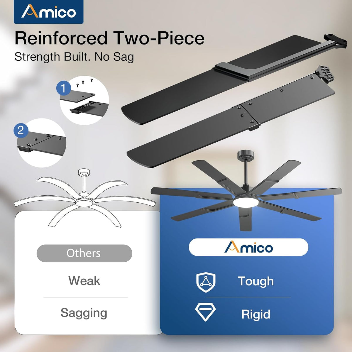Amico 66 Inch Ceiling Fans with Lights and Remote, Black