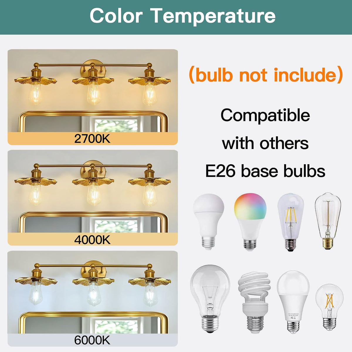 3 Light Vintage Vanity Light Gold Bathroom Light Fixtures Over Mirror.