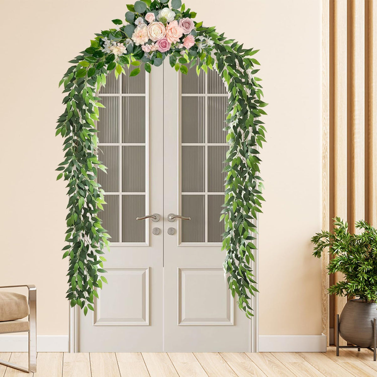 Artificial Italian Ruscus Vines, 3Pcs/75 Silk Vine Garland with Green Leaves,...