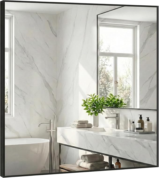30''x30'' Square Black Bathroom Mirror, Matte Metal Framed Wa...