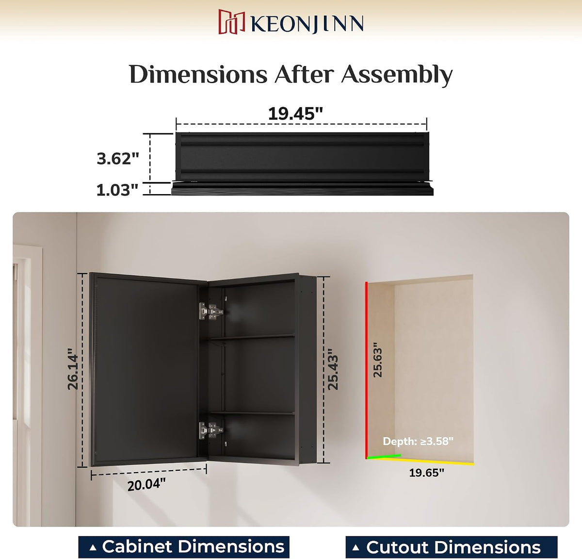 Keonjinn Matte Black Medicine Cabinet Mirror 20 x 26, Adjustable Shelves