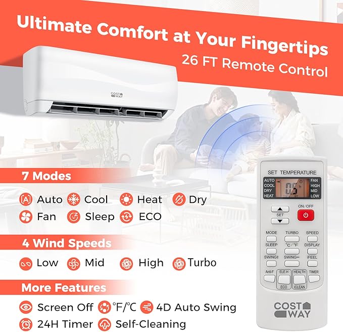 COSTWAY 24000BTU Mini Split Air Conditioner& Heater, 18.5 SEER2 208-230V