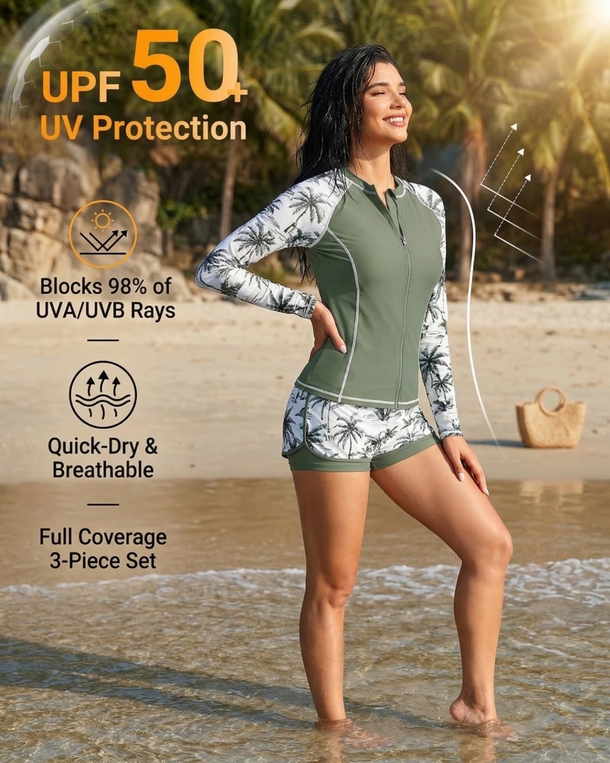 Daci 3 Piece Rash Guard Set with 3'' Shorts