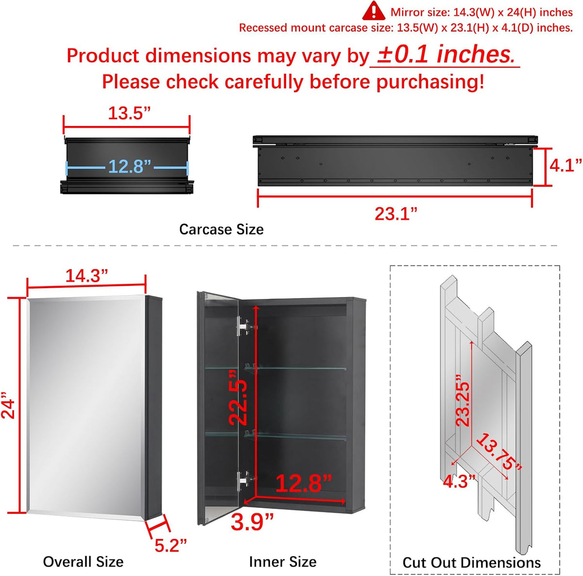 14 x 24 Black Aluminum Medicine Cabinet with Mirror, Recessed/Surface Mount
