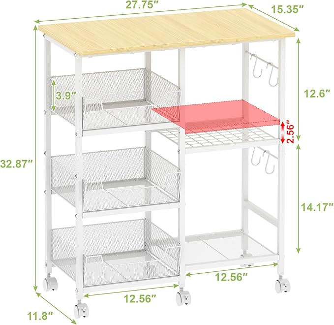 Rolling Kitchen Storage Microwave Cart & Kitchen Island on Wheels, Adjust...