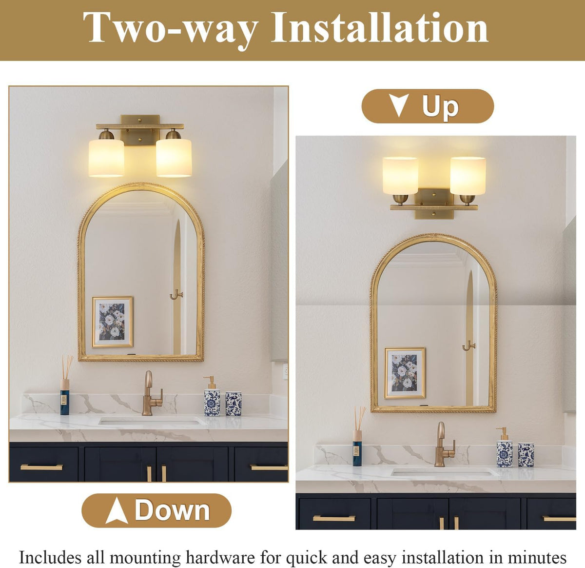 Milk Glass Vanity Lights for Bathroom, 2 Light Antique Matte Brass Bathroom V...
