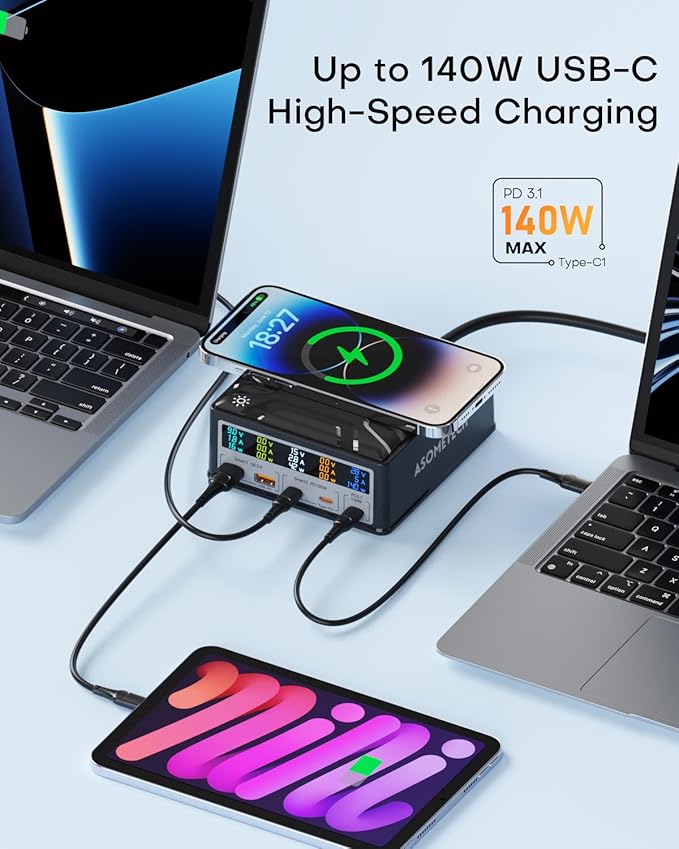 USB Charging Station, ASOMETECH 260W 5Ports Fast Charging Hub, 140W PD3.1 USB C