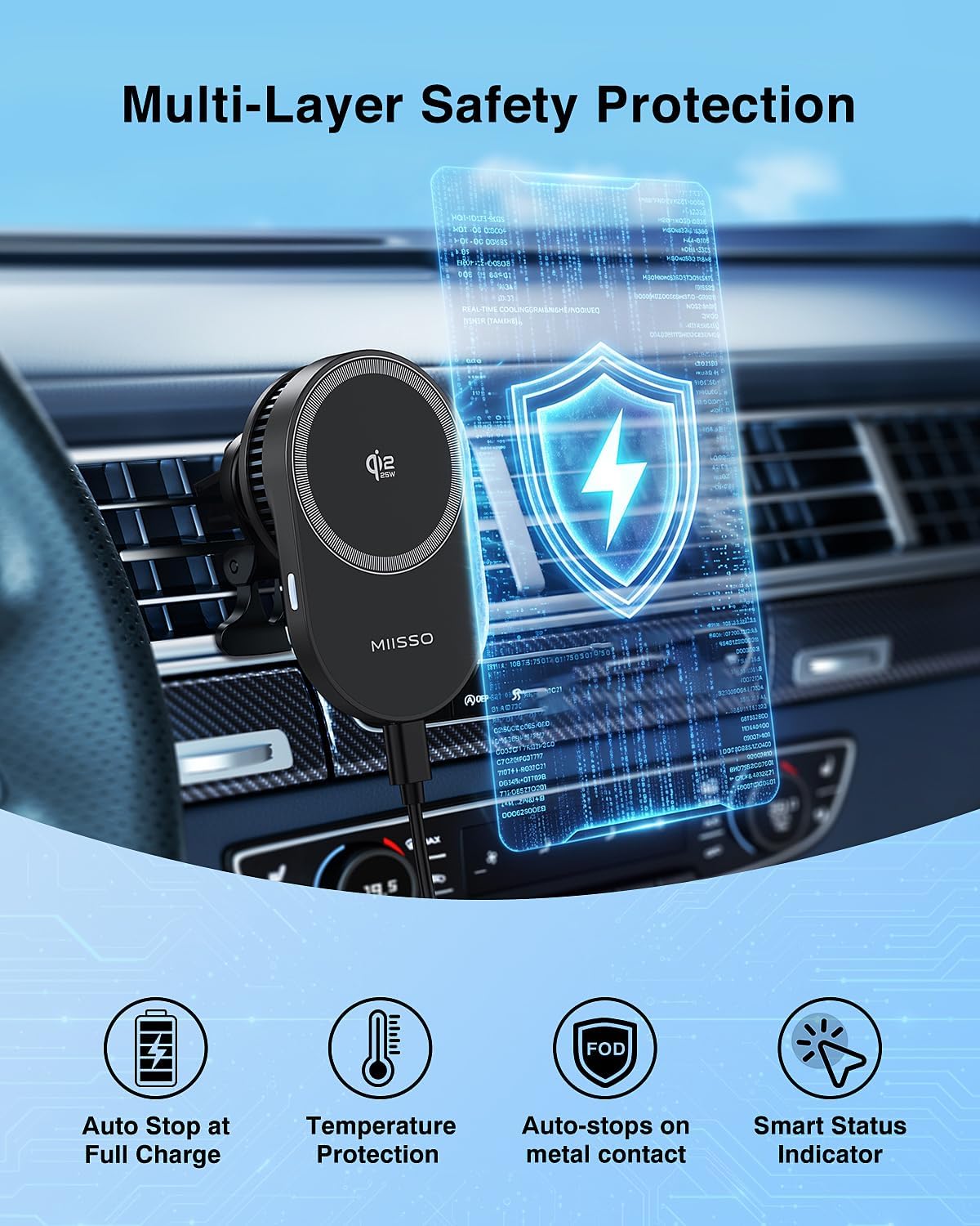 MIISSO Qi2.2 25W Magnetic Wireless Car Mount Charger with TEC Cooling Fan