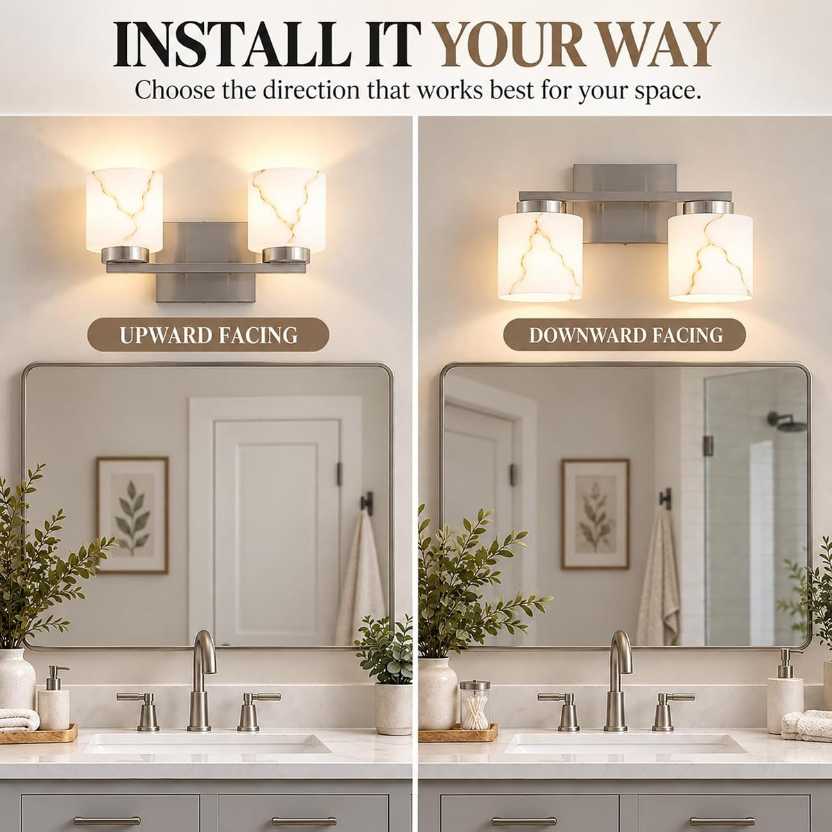 2-Light Brushed Nickel Bathroom Vanity Light, Frosted Marble-Look Glass