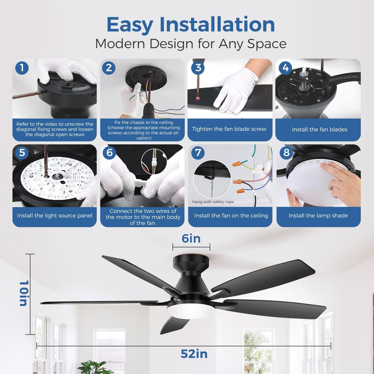 52 Inch Ceiling Fans with Lights, App & Remote Control, Quiet Reversible ...