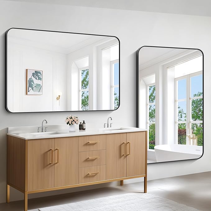 Bathroom Mirror, 55 x 36 inch Black Rectangle Wall Mirror, Metal Frame Rounded