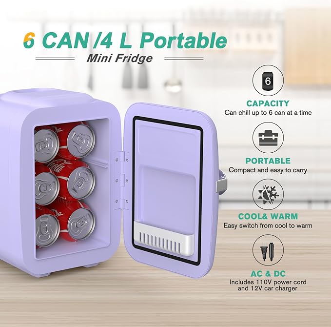 CROWNFUL Mini Fridge, 4 Liter/6 Can Portable Cooler and Warmer Personal