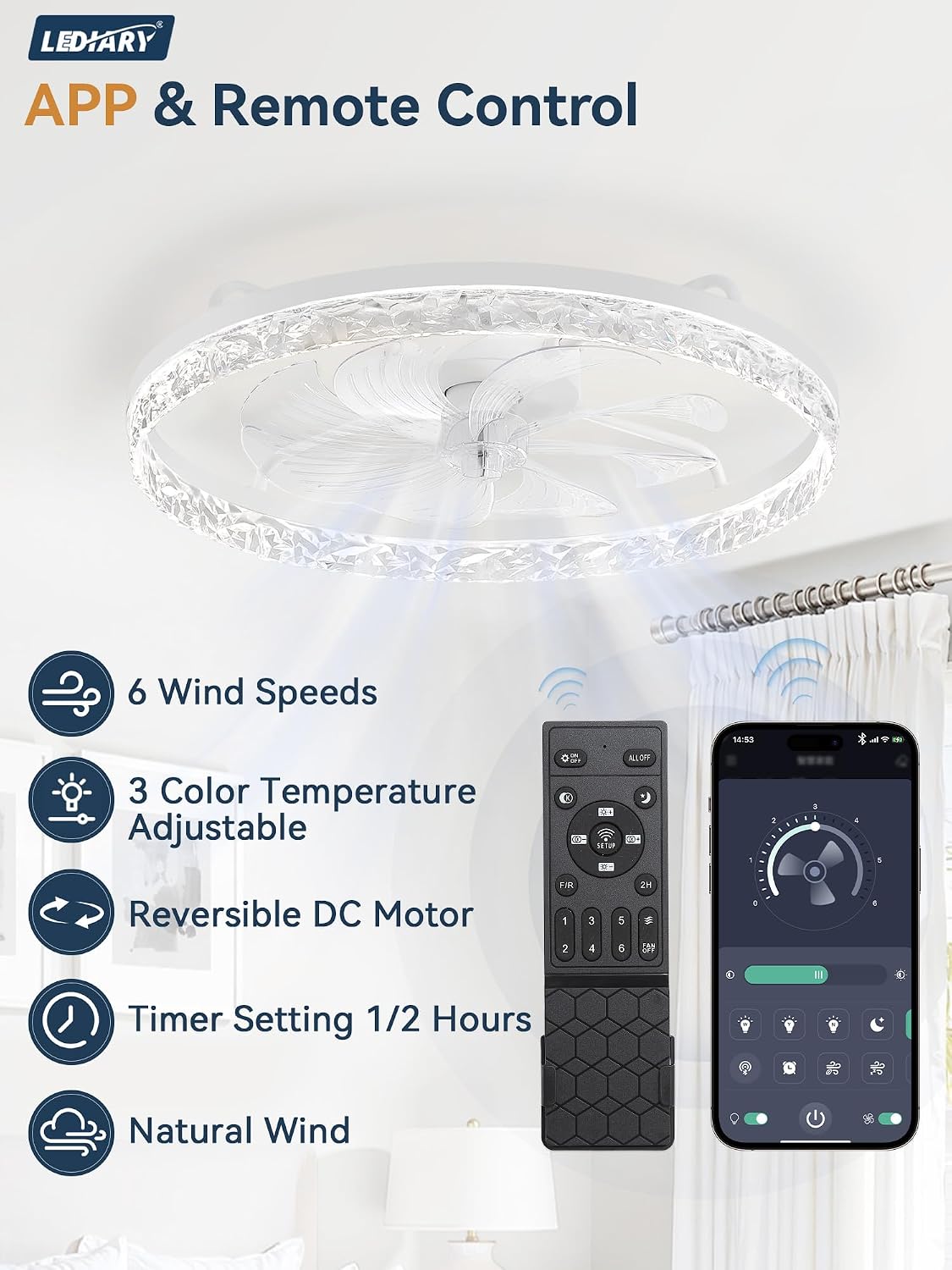 LEDIARY 24" Low Profile Ceiling Fans with Light and Remote, Fandelier White