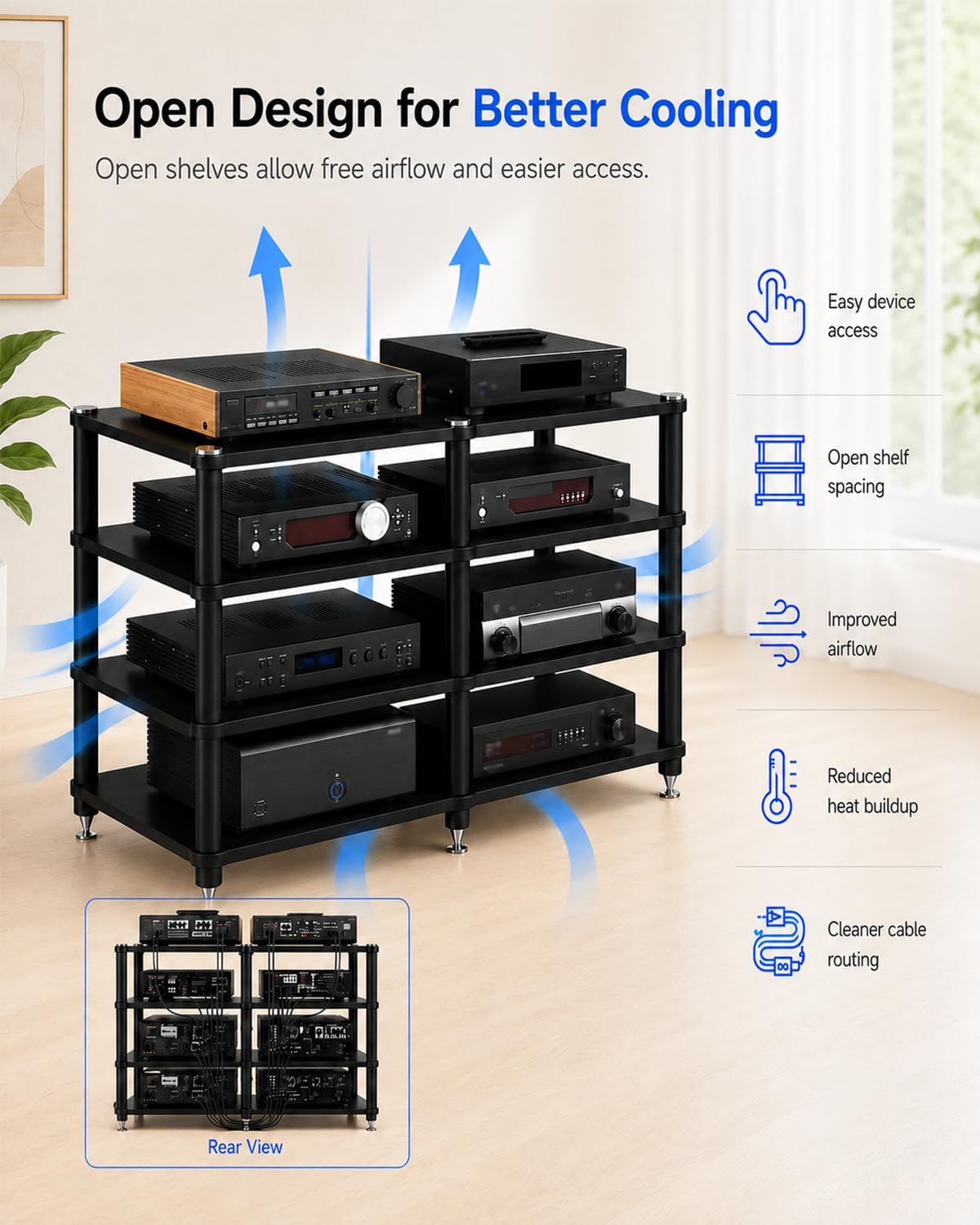 4 Tier Heavy Duty AV Media Stand, Stereo Stands and Racks, Black