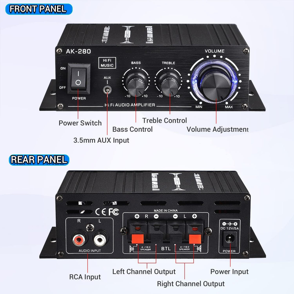 Facmogu AK280 200W Mini 2.0 CH Audio Power Amplifier, Speaker Amp Receiver