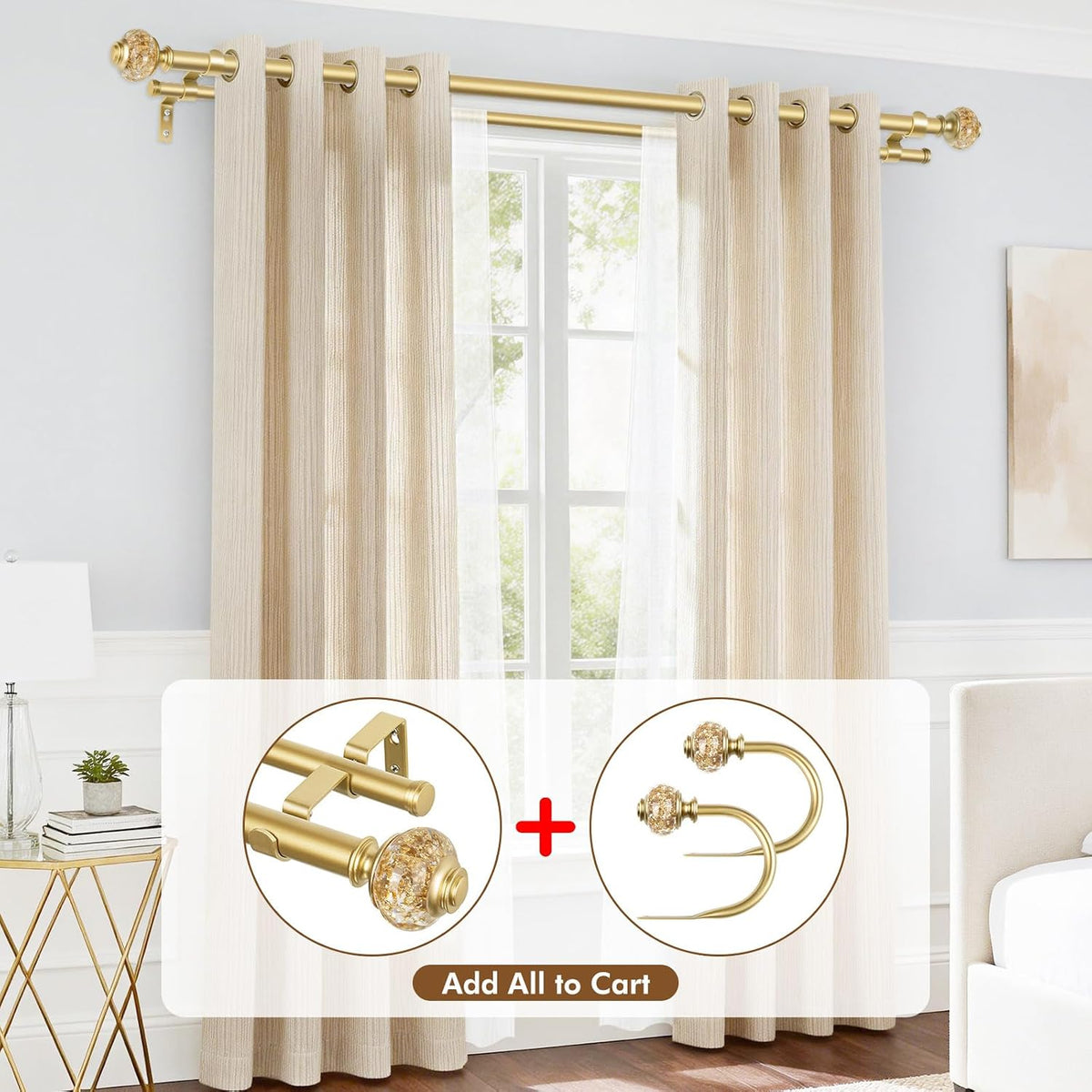 Double Curtain Rods for Windows 72 to 144, Luxury Gold, 1 Inch | Double Layer...