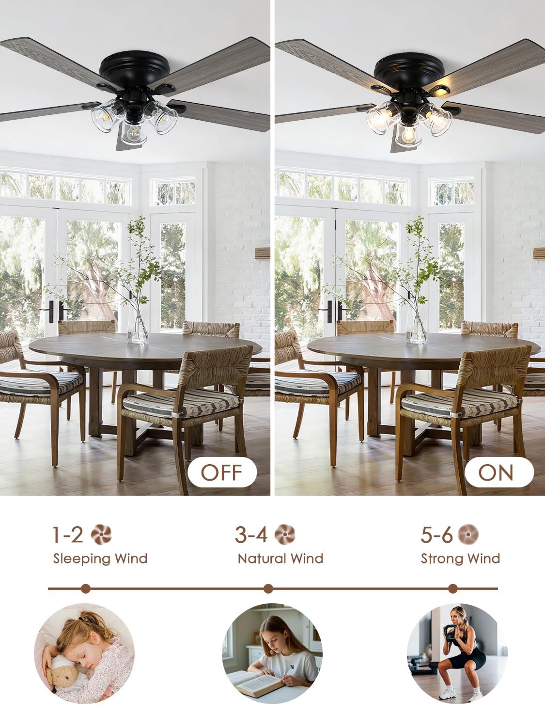 52 Inch Vintage Ceiling Fan with Light and Remote Control