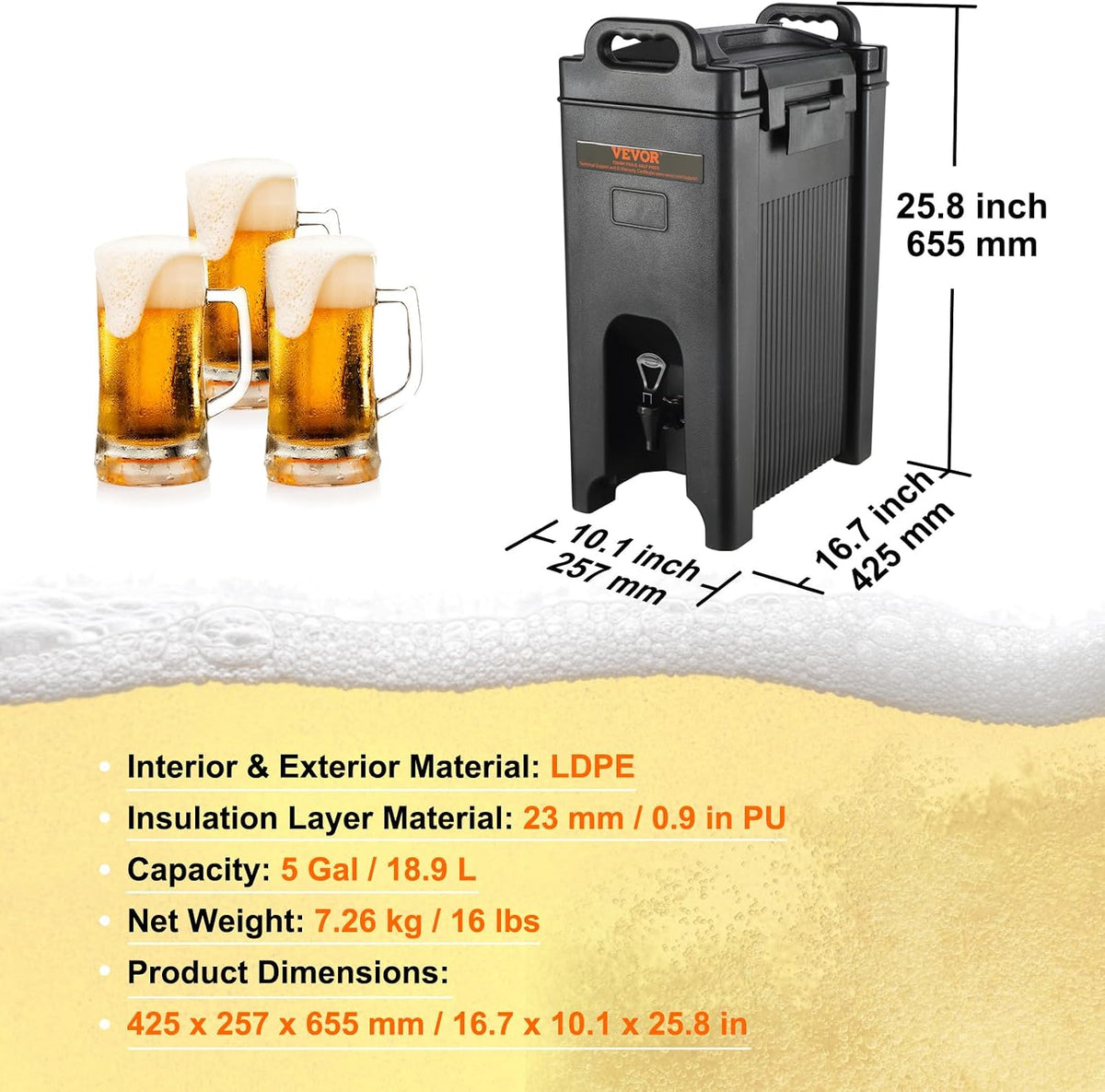VEVOR Insulated Beverage Dispenser, 5 Gallon, Hot and Cold Beverage Server