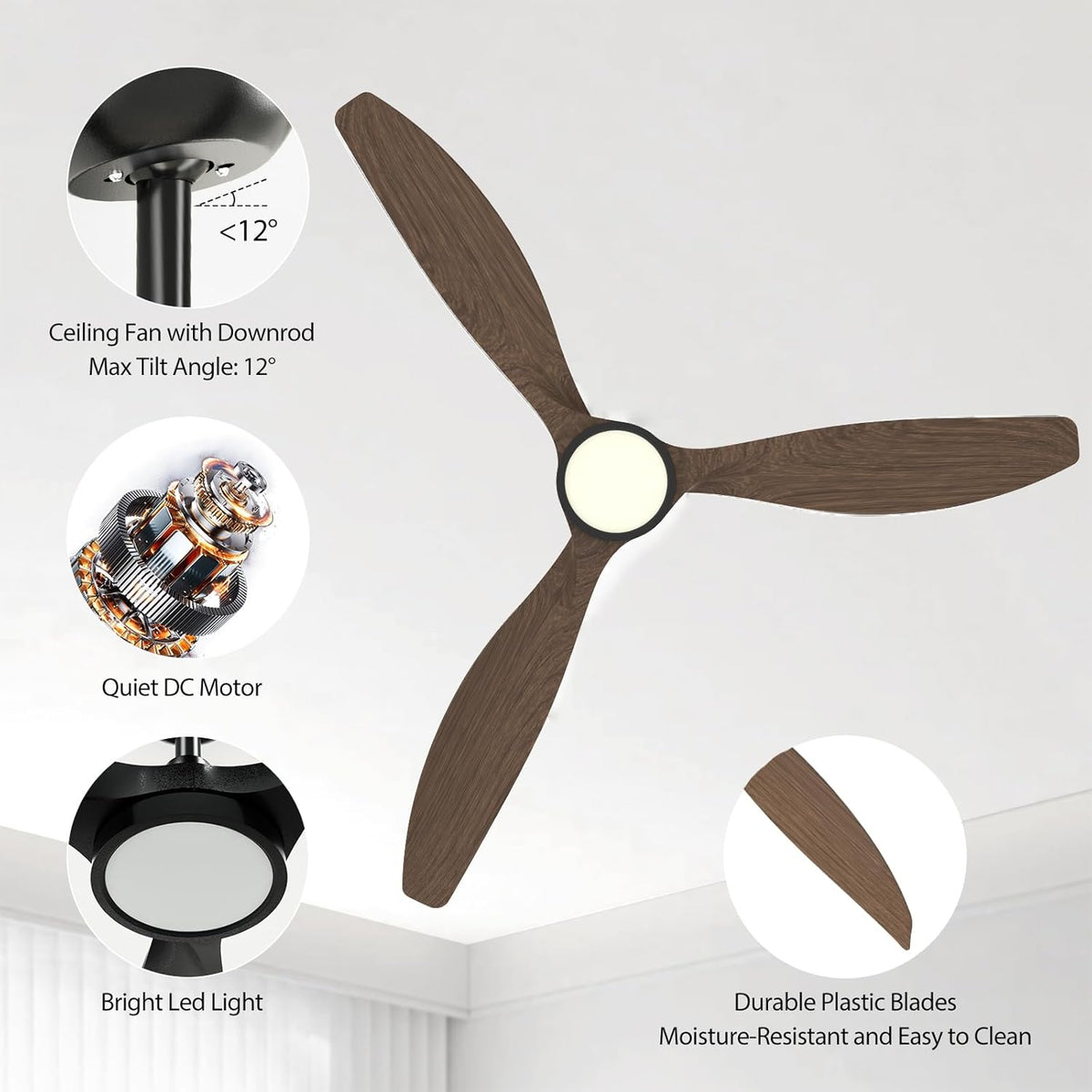 Roomratv 52'' Modern Ceiling Fan with Light, Wide Blade Design, Remote