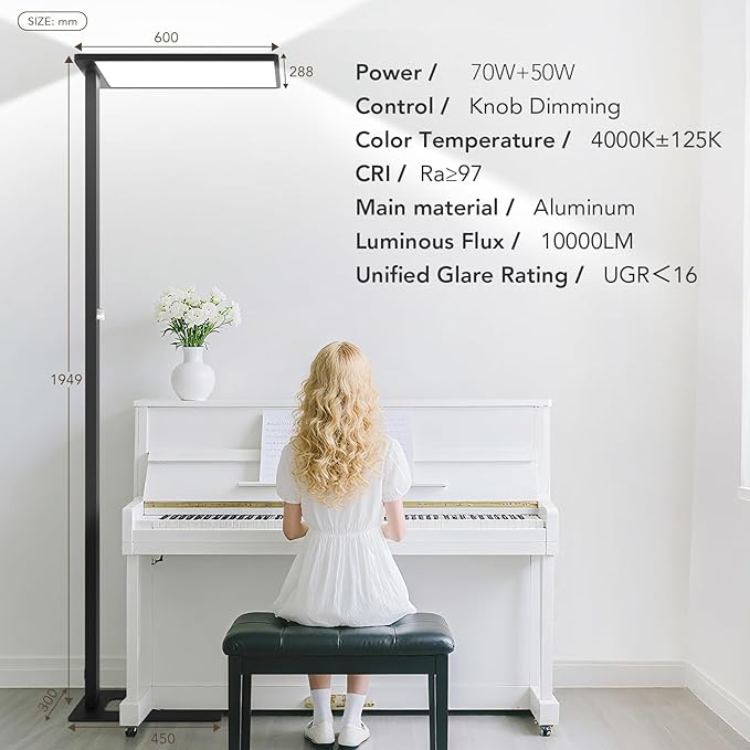 120W LED Floor Lamp, 76.8" Tall Reading Light, 10000LM Knob Dimming Stan...