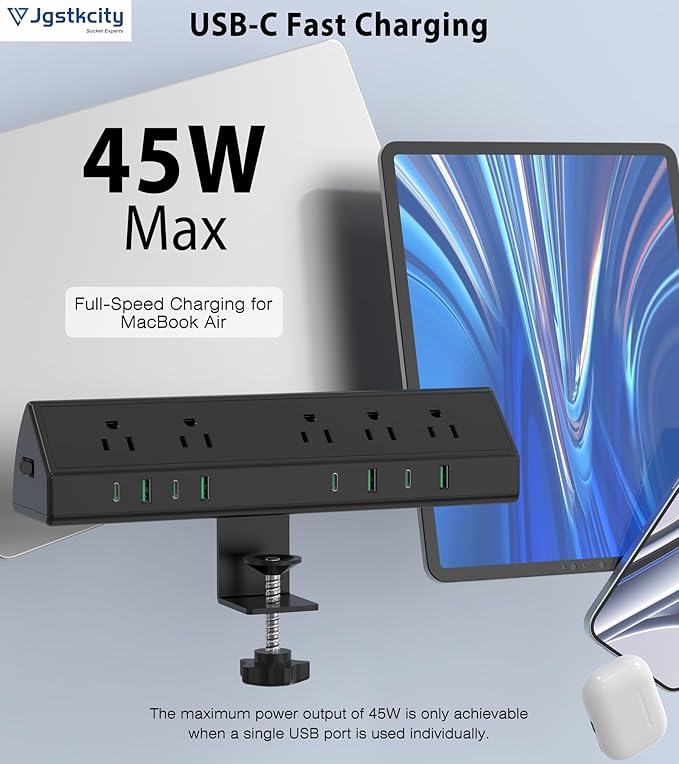 45W Fast Charging Station, Desk Clamp Power Strip, 4 PD USB-C Ports, 5 AC