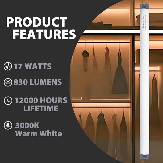 24 inch F17T8/830 17 Watts Light Bulb Warm White, 2 Foot Straight Fluorescent...