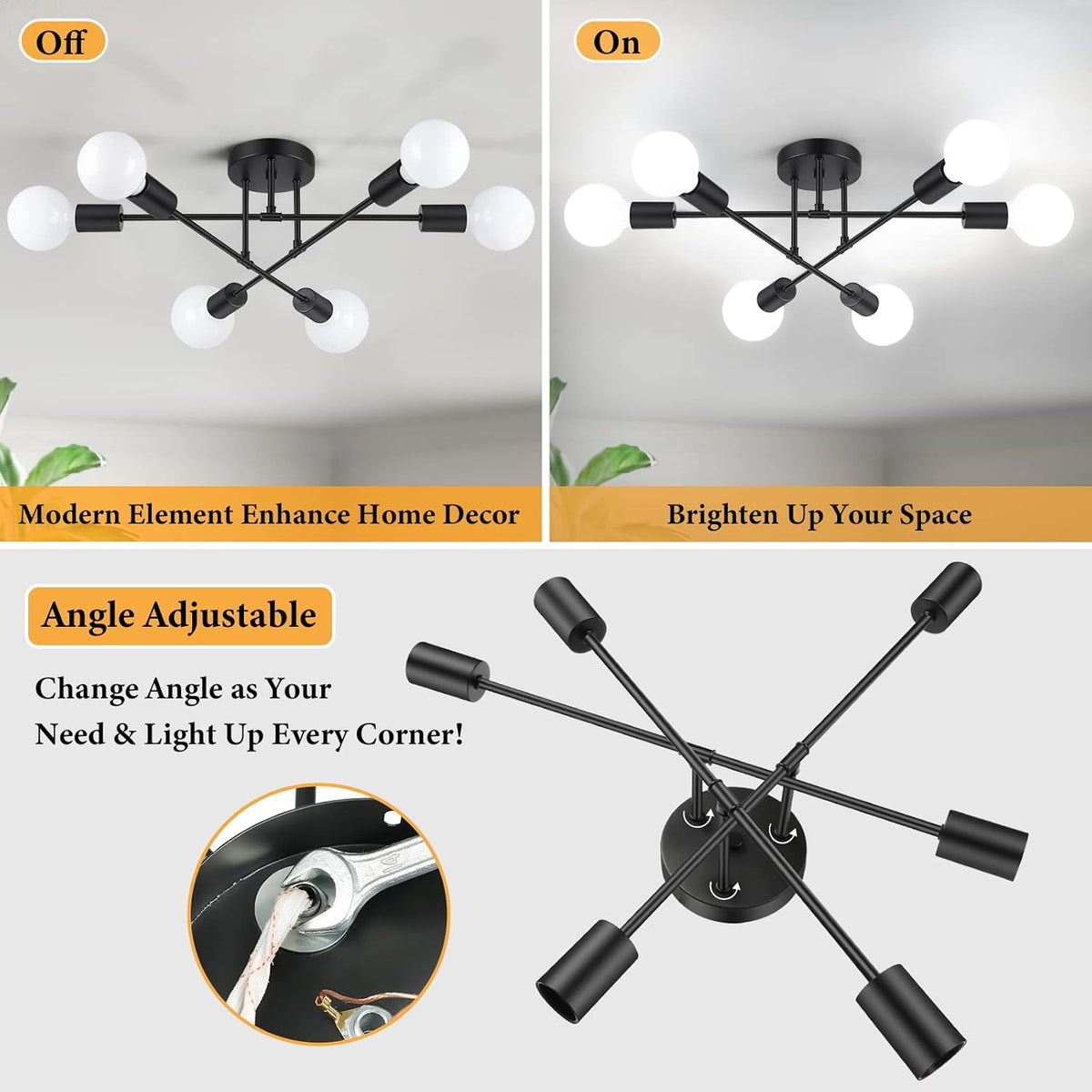 Bosceos Modern Sputnik Chandelier, 6-Light Ceiling Lights Fixture 22" Black