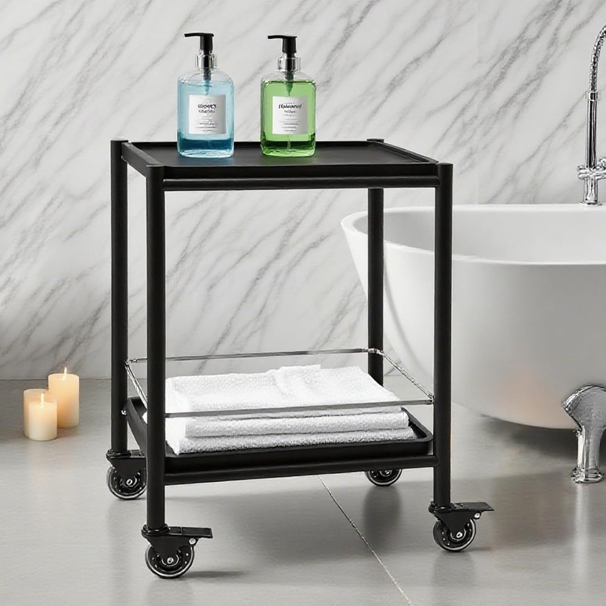 Acacia Wood Rolling Side Table, 2-Tier with Lockable Wheels & Removable T...