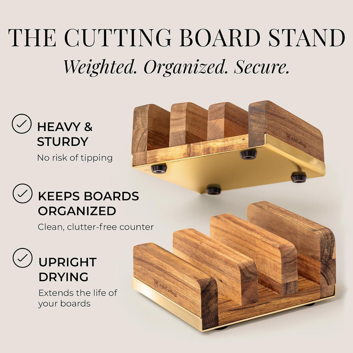 Styled Settings Wooden Cutting Board Set with Holder, 4-Piece, Gold
