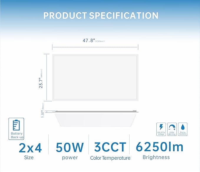 2X4 LED Flat Panel Light with Emergency Battery Backup, 50W 3000K/4000K/5000K