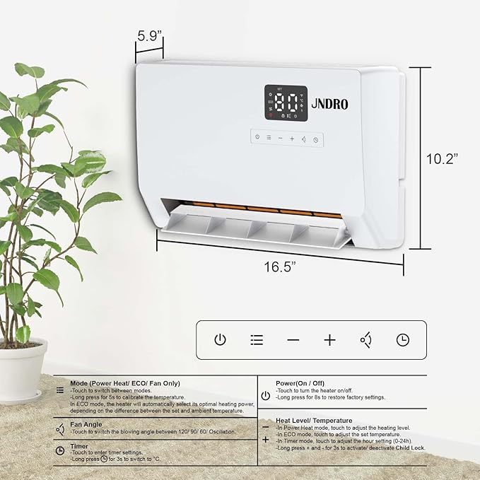 Wall-Mounted Space Heater with ECO Thermostat and Remote Control, LED Display