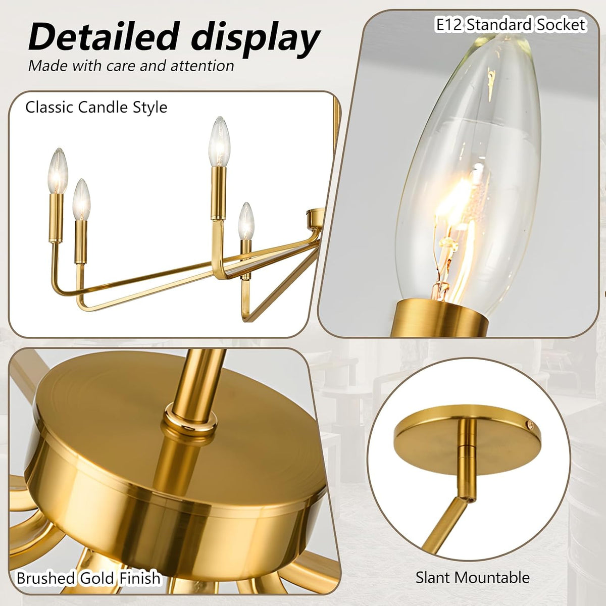 8-Light 38" Brass Modern Candle Chandelier for Dining Living Room