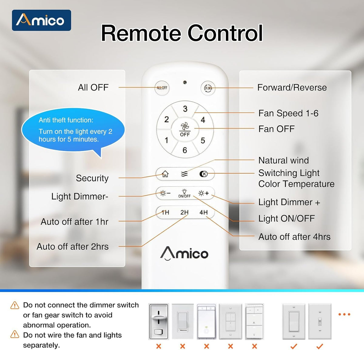 Amico 52 Inch Smart Ceiling Fans with Lights, Downrod Mount, Black