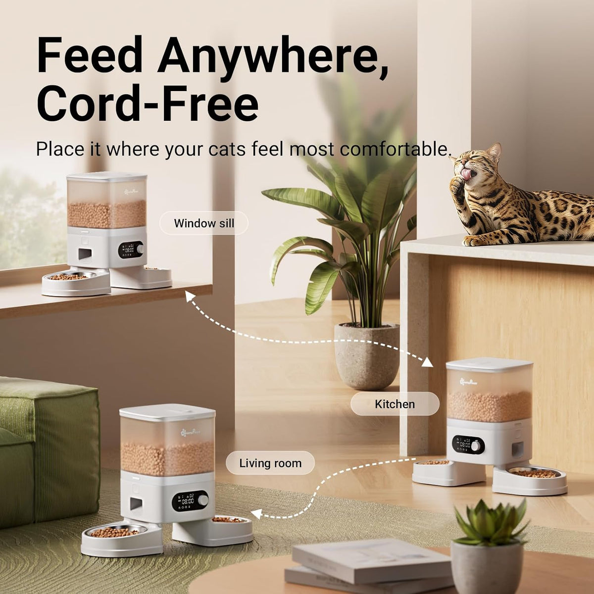 DownyPaws Automatic Cat Feeder 2 Cats, Rechargeable Timed Food Dispenser WH