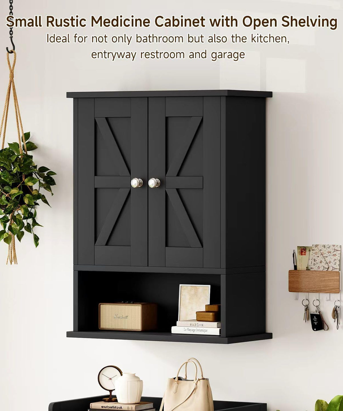 Keehusux Small Black Medicine Cabinet with 2 Barn Doors